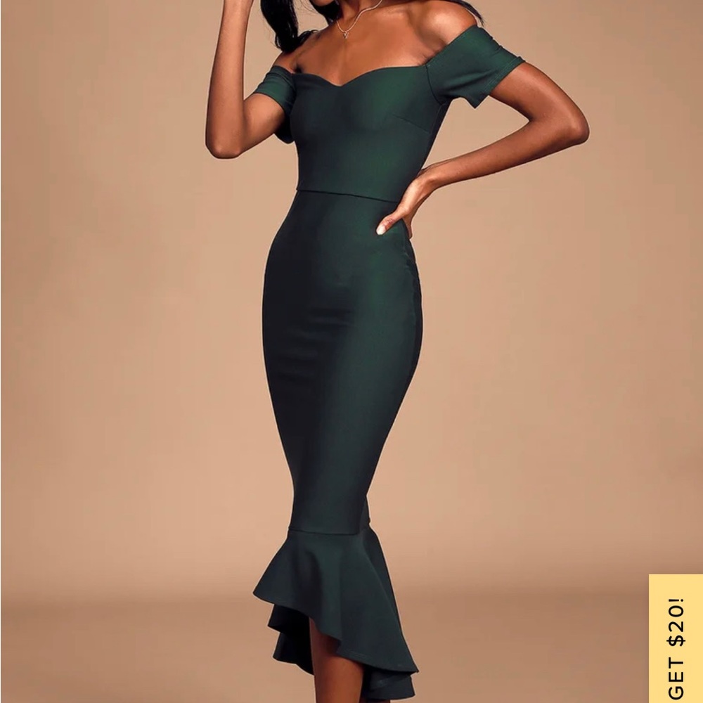 How Much I Care Dark Green Off-the-Shoulder Midi Dress Lulus size Small
